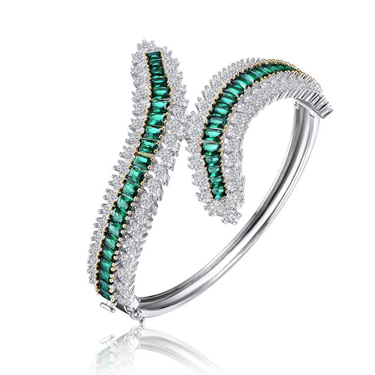 Emerald Color CZ Bangle Bracelet In Sterling Silver