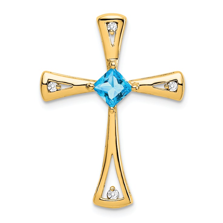 14k Yellow Gold Blue Topaz and Diamond Cross Chain Slide Pendant