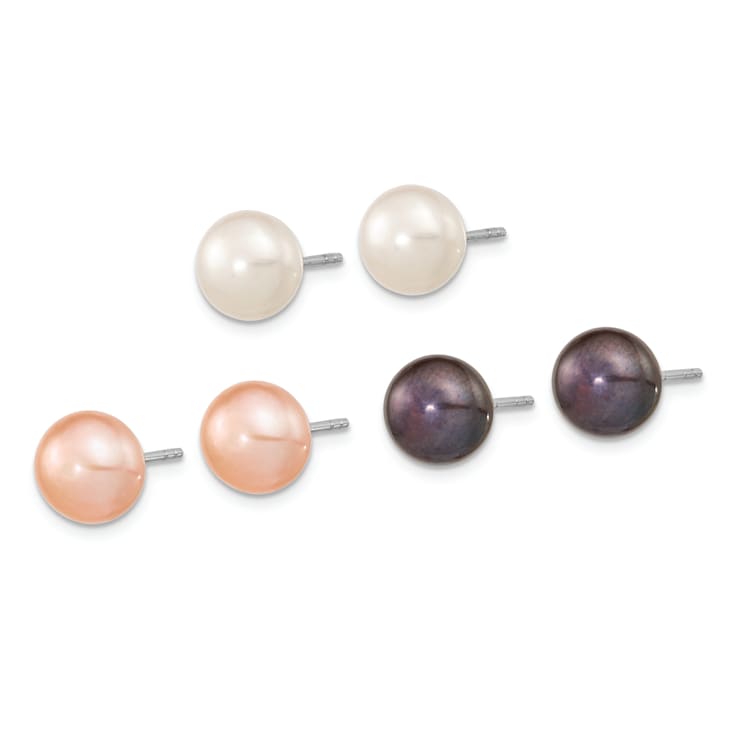 Rhodium Over Sterling Silver  8-9mm Set of 3 White/Black/Pink Button FWC
Pearl Earrings