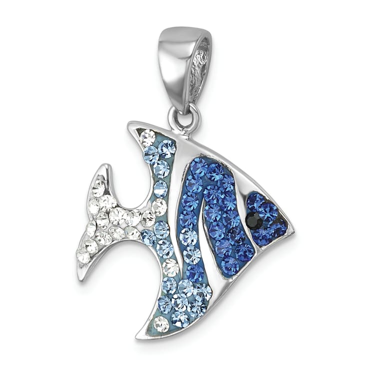 Rhodium Over Sterling Silver Blue and White Crystal Angel Fish Pendant