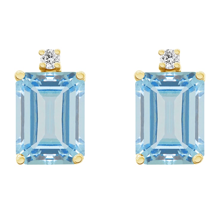 8x6mm Emerald Cut Aquamarine with Diamond Accents 14k Yellow Gold Stud Earrings