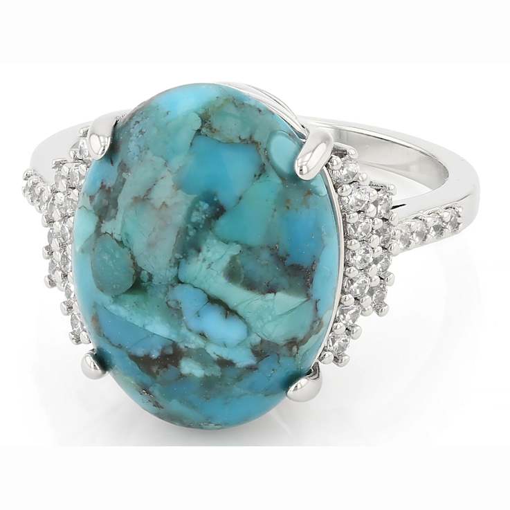 Oval Composite Turquoise Ring With CZ Accents In Rhodium Over Brass 0.39ctw