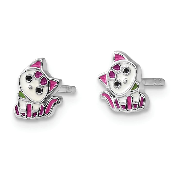 Rhodium Over Sterling Silver Enamel Kitty Children's Post Earring