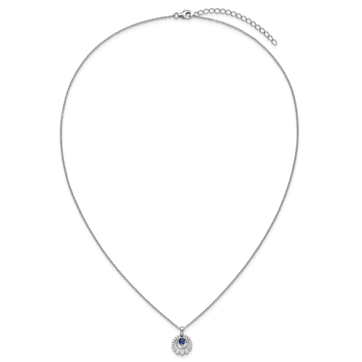 Rhodium Over Sterling Silver Polished Cubic Zirconia and Blue Glass with
2 Inch Extension Necklace