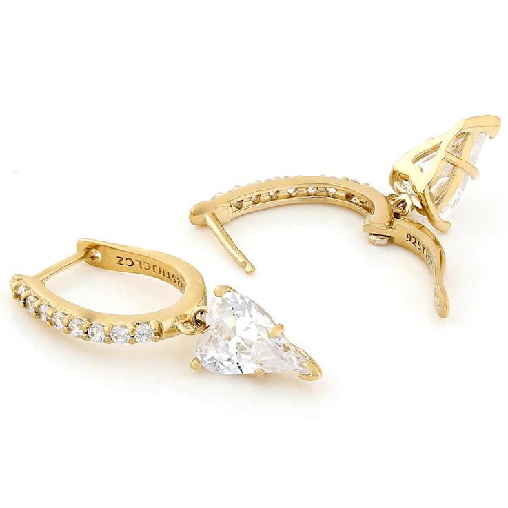 Heart CZ Drop Earrings In 14K Gold Over Sterling Silver