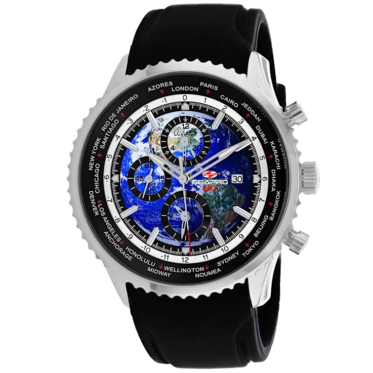 Seapro Men's Meridian World Timer GMT Blue Dial, Black Bezel, Black
Rubber Watch