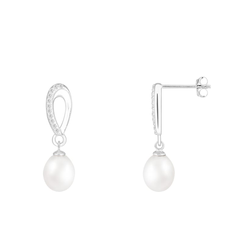 8-9mm White Cultured Freshwater Pearl and Cubic Zirconia Rhodium Over
Sterling Silver Earrings