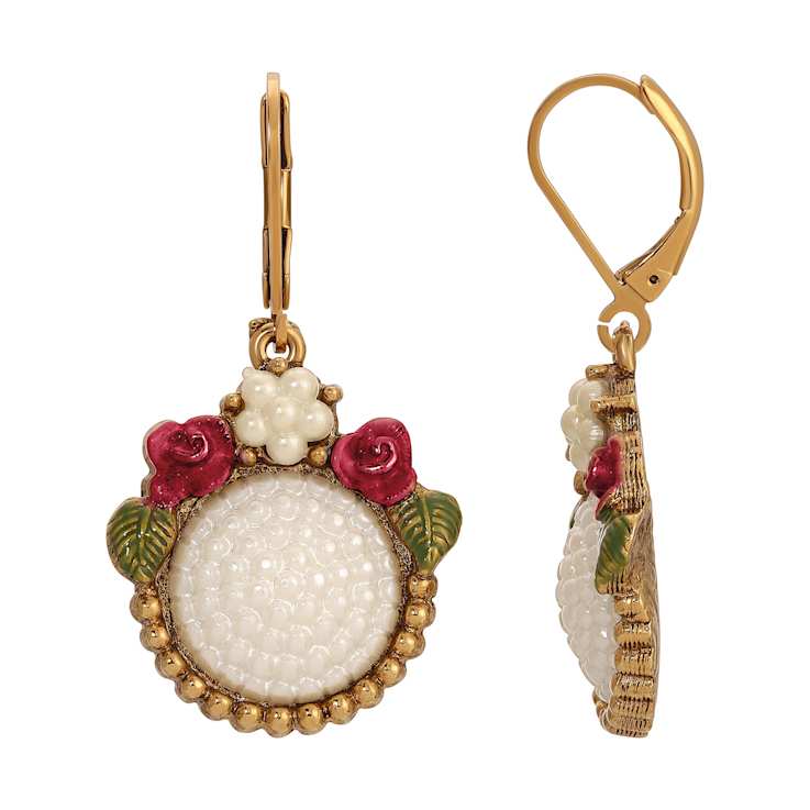 Gold Tone Faux Pearl Red Flower Round Leverback Earrings