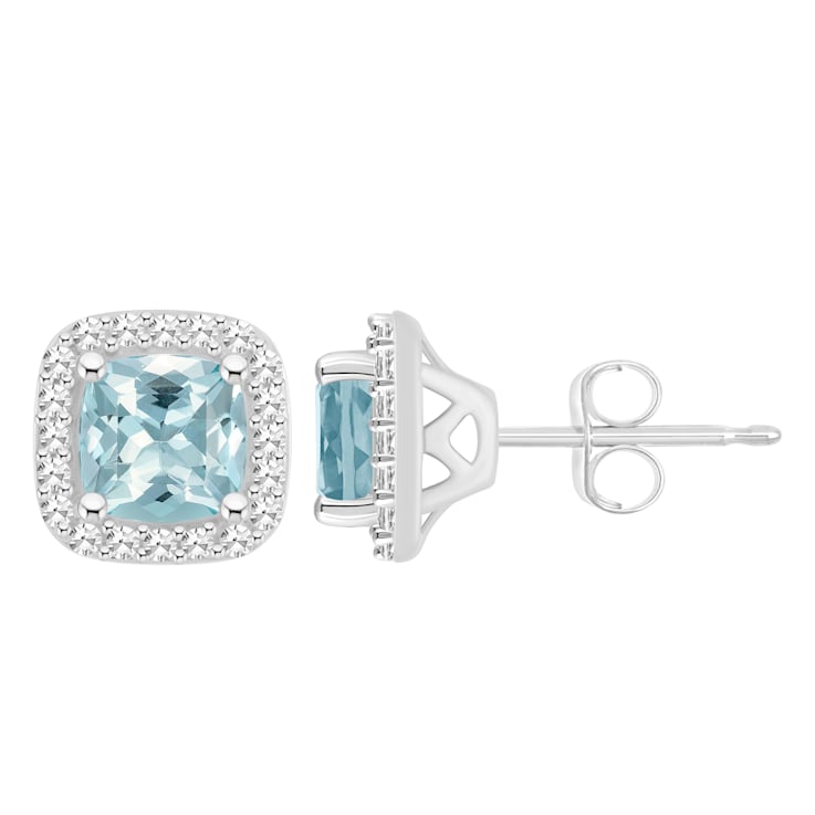 5mm Cushion Aquamarine 1/5 ctw Diamond Rhodium Over Sterling Silver Halo
Stud Earrings