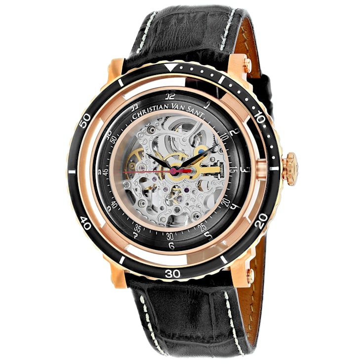 Christian Van Sant Men's Dome White Skeleton Dial, Black Bezel, Black
Leather Strap Watch