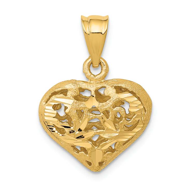 14k Yellow Gold Polished and Brushed 3D Filigree Puffed Heart Pendant