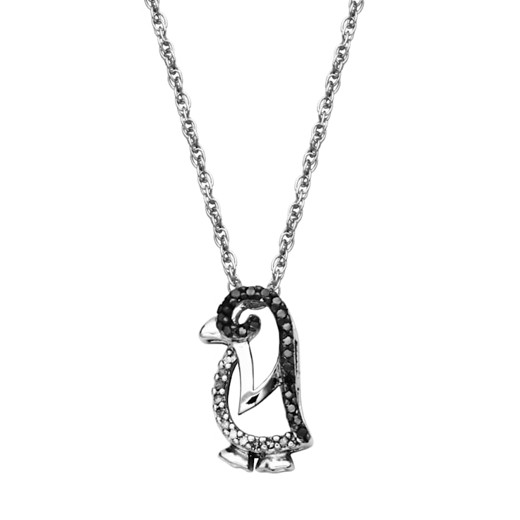 Black And White Diamond Rhodium Over Sterling Silver Penguin Pendant
with Chain 0.15ctw