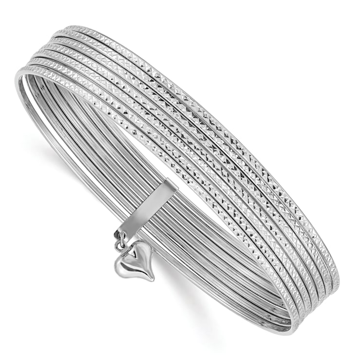 Rhodium Over 14k White Gold Textured Oversized Set of 7 Slip-on Bangles
with Dangle Heart