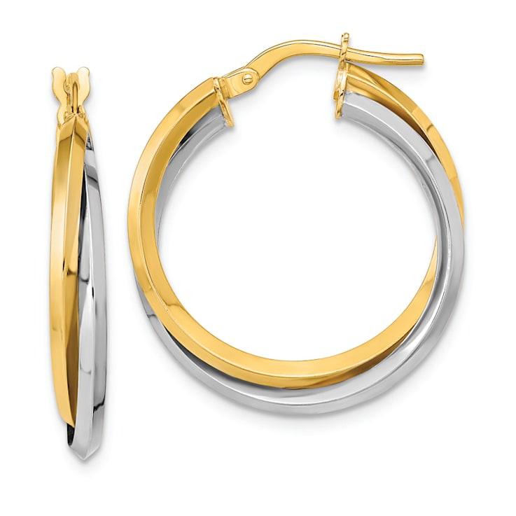 14K Yellow Gold and 14K White Gold 1" Polished Double Hoop Earrings