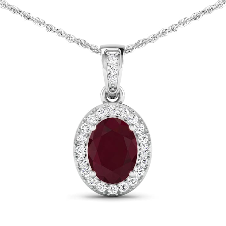 1.50ctw 14K White Gold Ruby and White Diamond Pendant with 18 inch Cable Chain