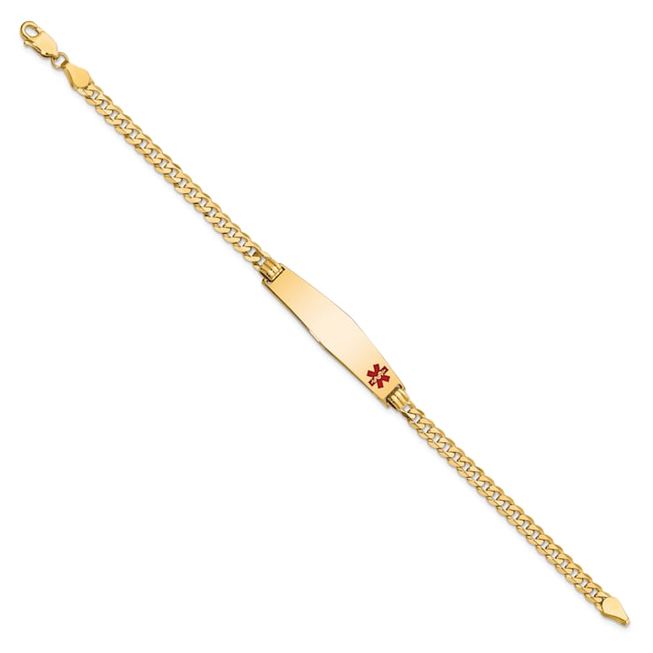 14k Yellow Gold Medical Soft Diamond Shape Red Enamel Flat Curb Link ID Bracelet