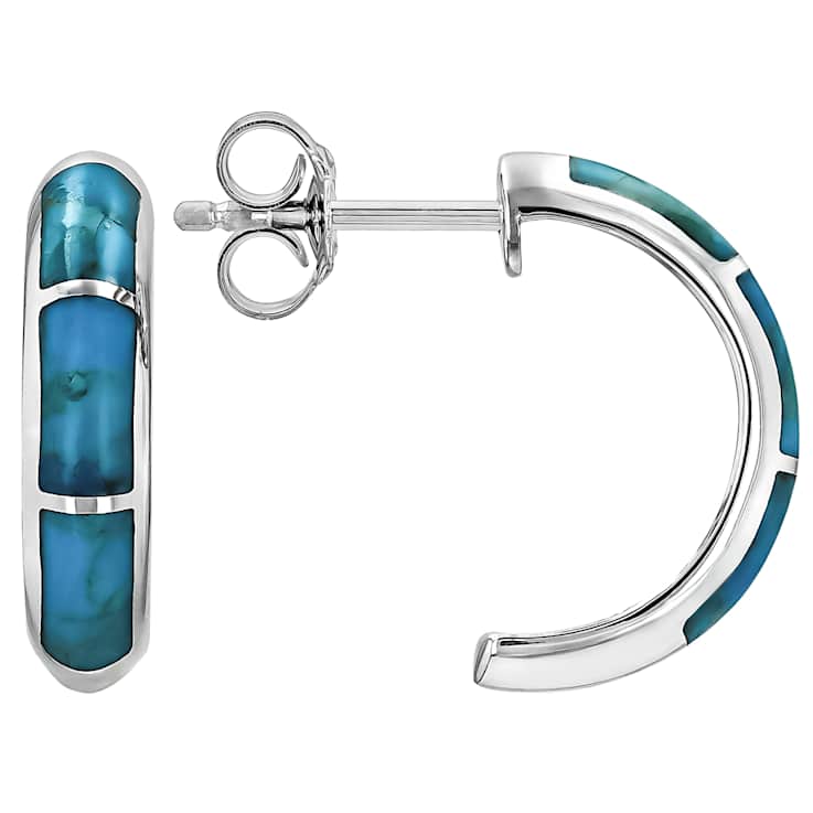 Turquoise Three-Stone Inlay Hoop Earrings In Sterling Silver