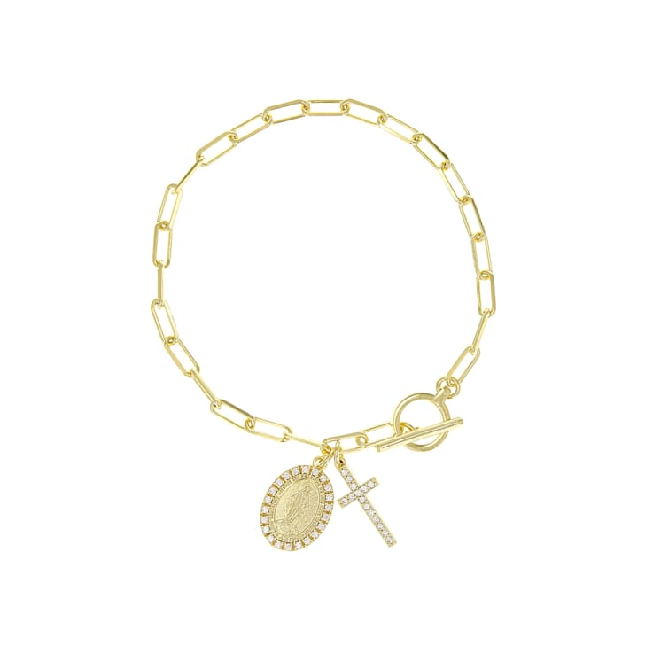 Paperclip Link Bracelet With Cross And Saint CZ Charms In 18K Gold Over
Sterling Silver
