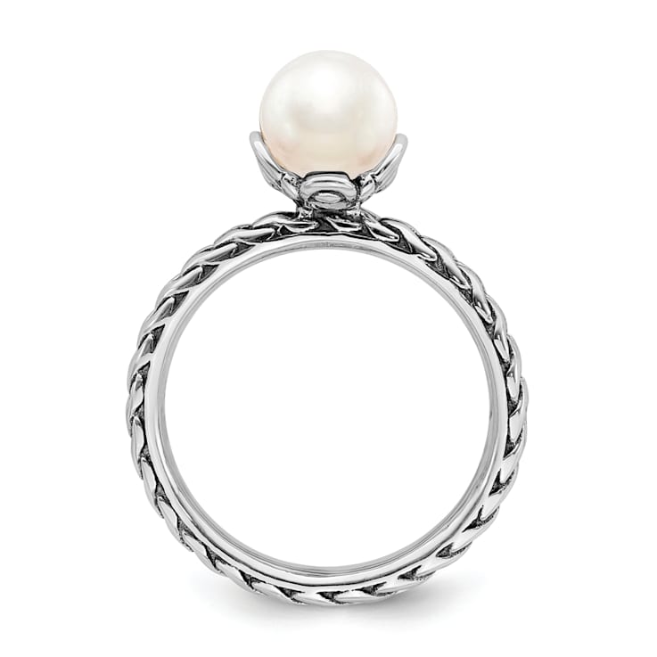 Rhodium Over Sterling Silver Stackable Expressions 7.0-7.5mm White
Freshwater Cultured Pearl Ring