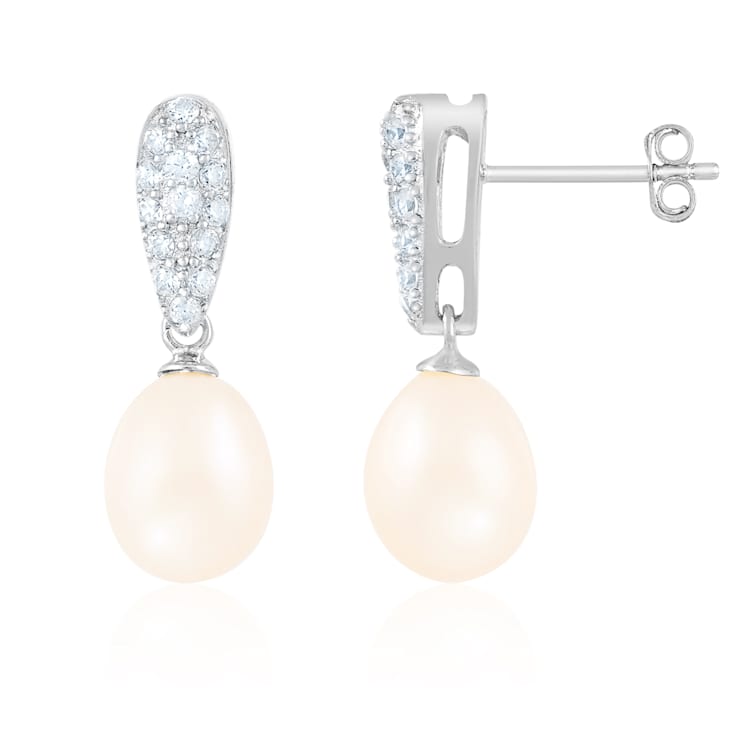 8-8½mm White Cultured Freshwater Pearl and Cubic Zirconia Rhodium Over
Sterling Silver Earrings