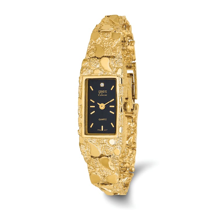 14k Yellow Gold Ladies Rectangular Black 15x31mm Dial Solid Nugget Watch