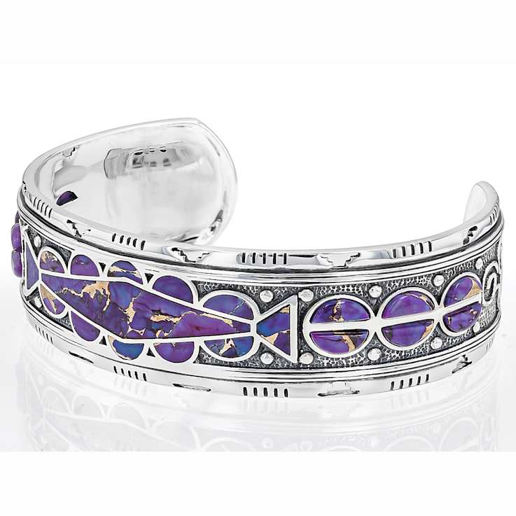 Purple Turquoise Inlay Oxidized Cuff Bracelet In Sterling Silver