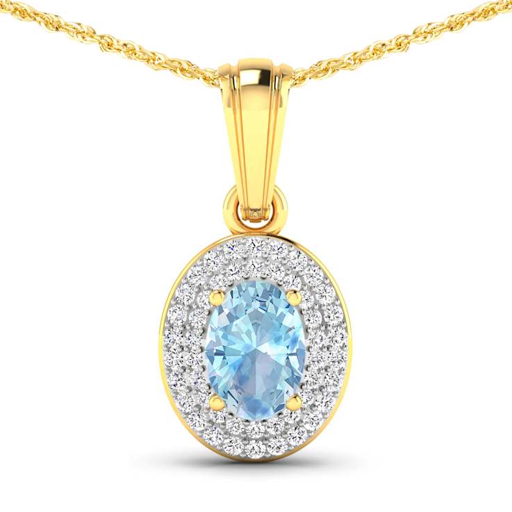 0.51ctw 14K Yellow Gold Oval Aquamarine and White Diamond Pendant with
18 inch Cable Chain