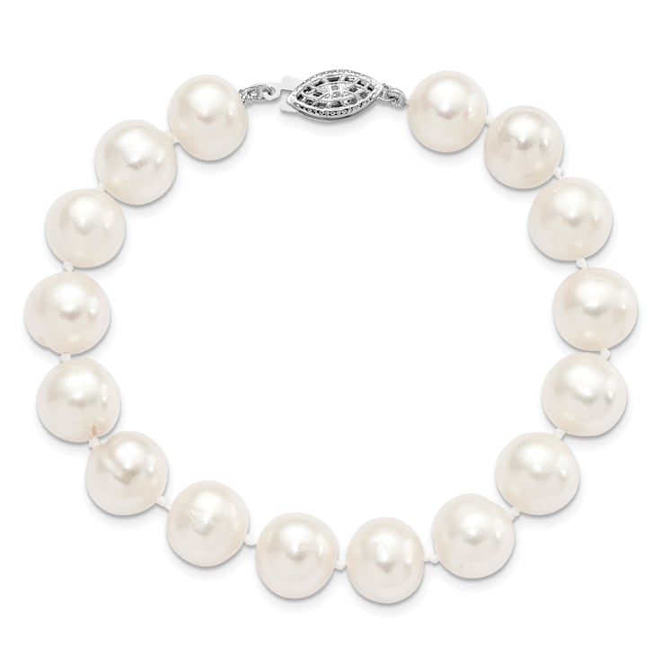 Rhodium Over Sterling Silver 10-11mm White Freshwater Cultured Pearl Bracelet