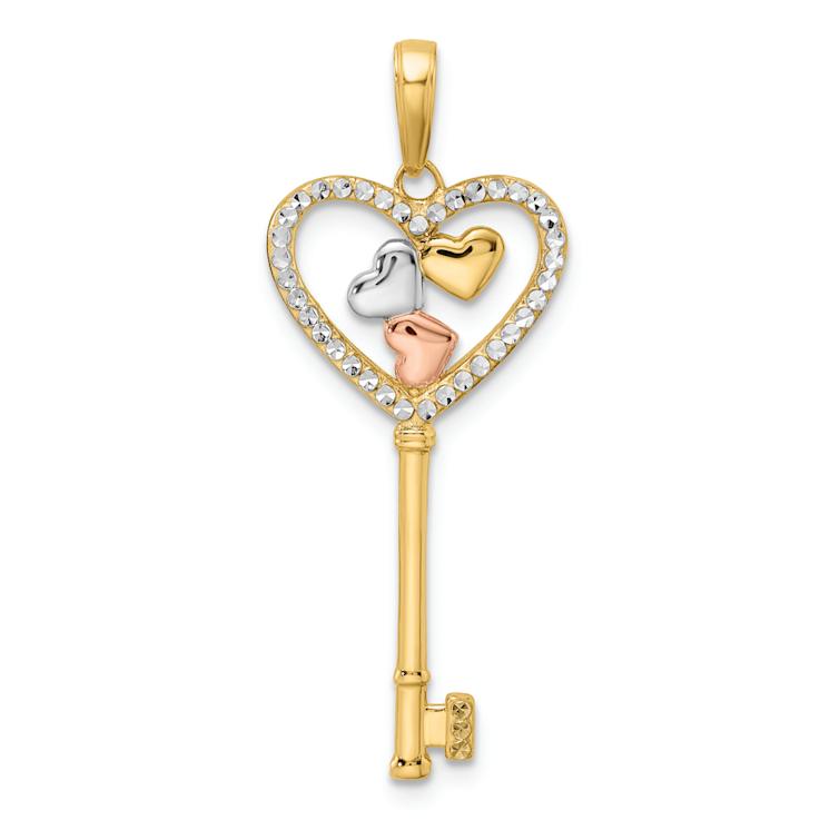 14K Tri-color Gold Diamond-Cut Hearts Key Pendant
