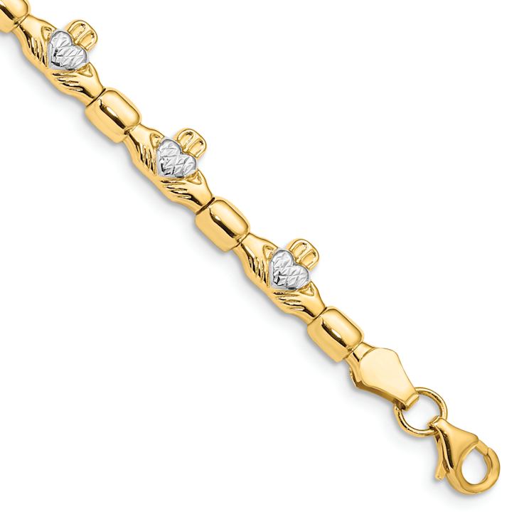 14k Two-tone Gold Diamond-Cut Claddagh Polished Link Bracelet