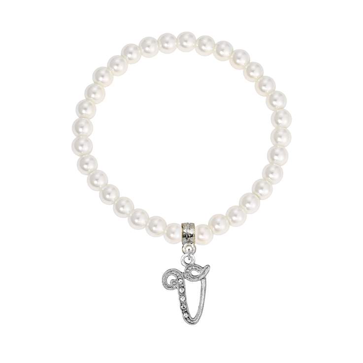 White Faux Pearl Bead Initial Charm Stretch Bracelet
