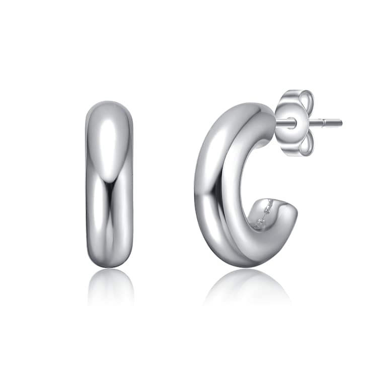 Slim Tubular C-Hoop Earrings In Rhodium Over Brass