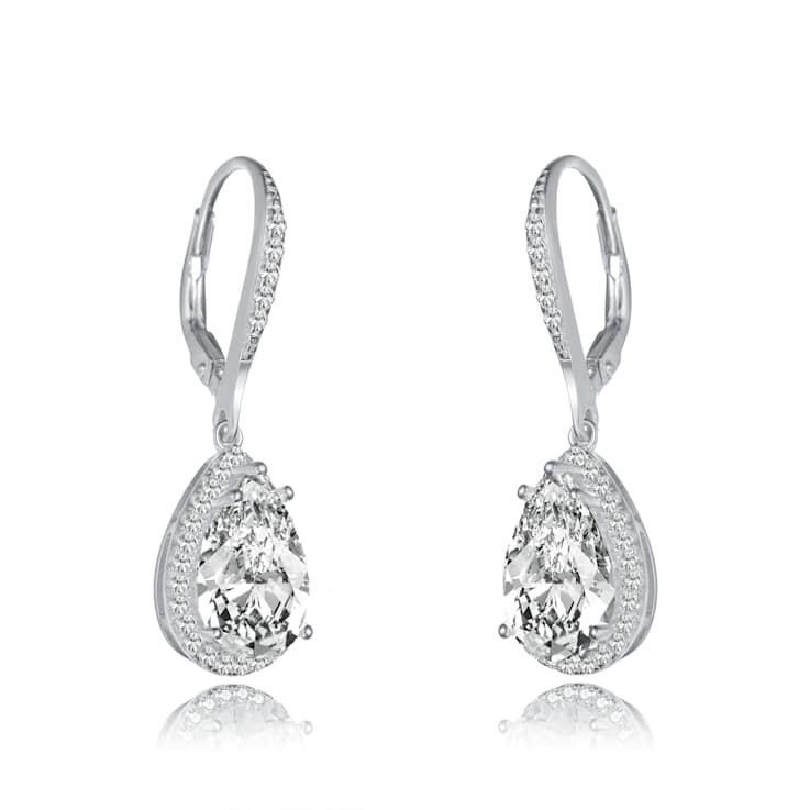 Pear Shape CZ Halo Drop Earrings In Sterling Silver
