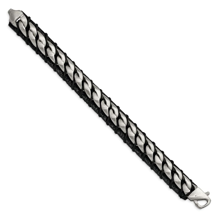 Black Leather and Stainless Steel Brushed Curb Chain 8.5-inch Bracelet