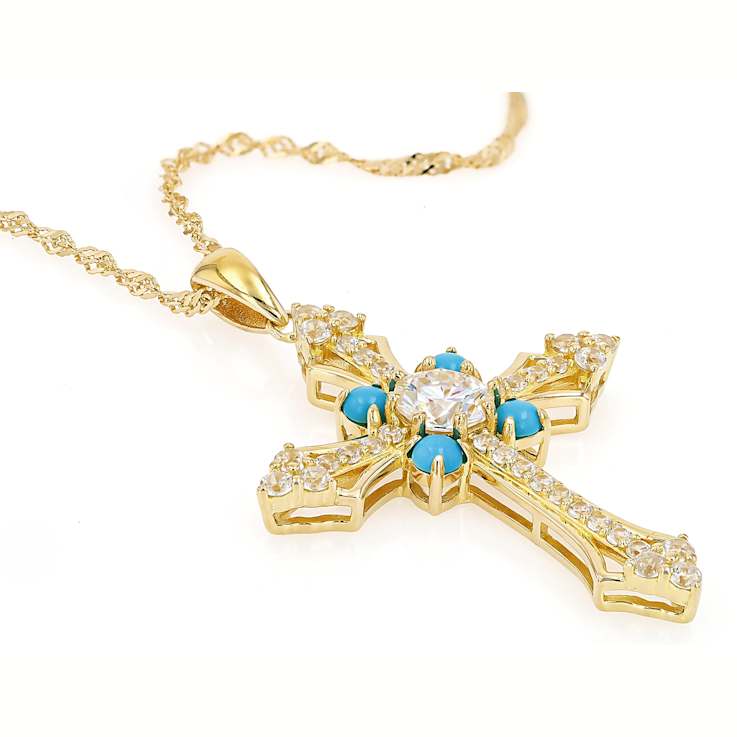 Diamond Simulant, Sleeping Beauty Turquoise And White Zircon Cross
Pendant Necklace In 18K Gold Over Sterling Silver 2.34ctw