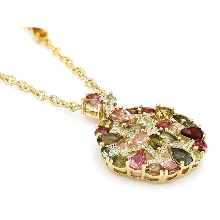 Multi-Color Tourmaline And White Zircon Station Necklace In 18K Gold
Over Sterling Silver 6.86ctw