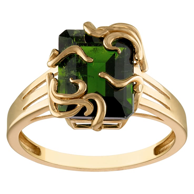 10K Yellow Gold Rectangular Octagonal Chrome Diopside Medusa Ring 3ctw