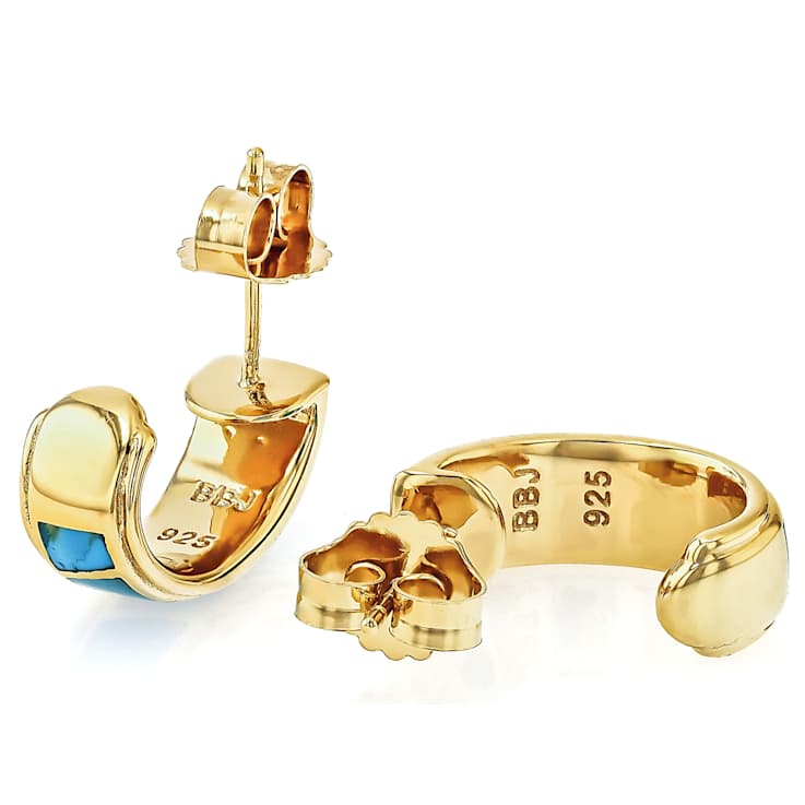 Turquoise Inlay J-Hoop Earrings In 18K Gold Over Sterling Silver