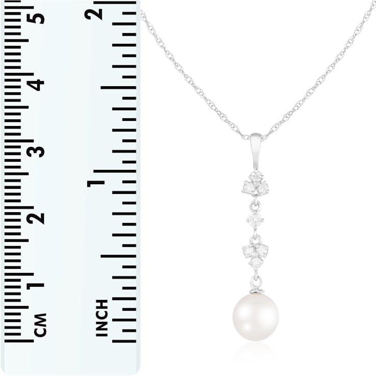 White Cultured Freshwater Pearl and Diamond 14K White Gold Pendant 7-7.5mm