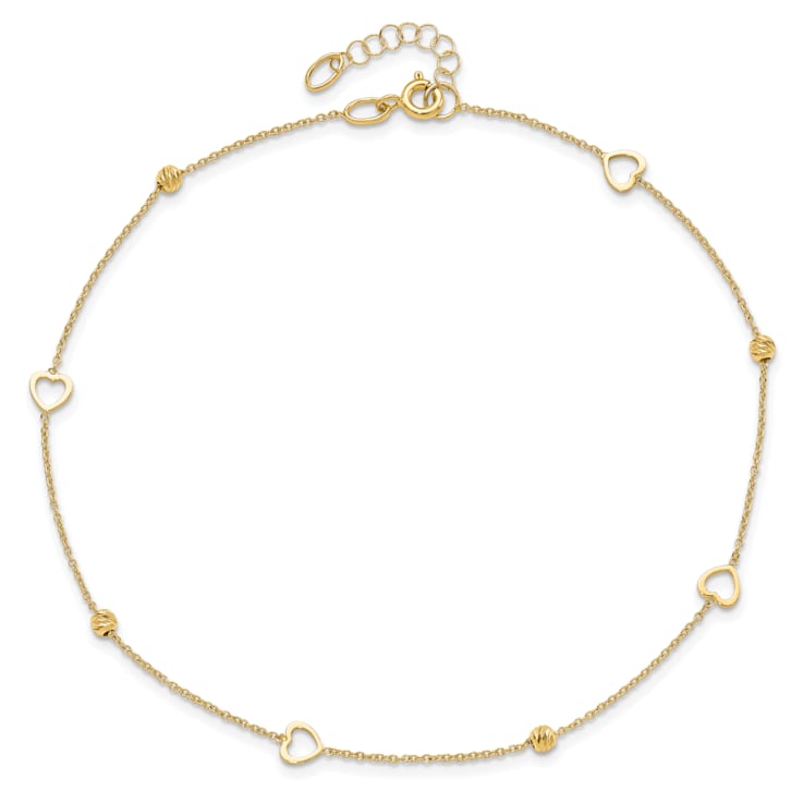 14K Yellow Gold Polished and Diamond-cut Heart with 1-inch Extension Anklet