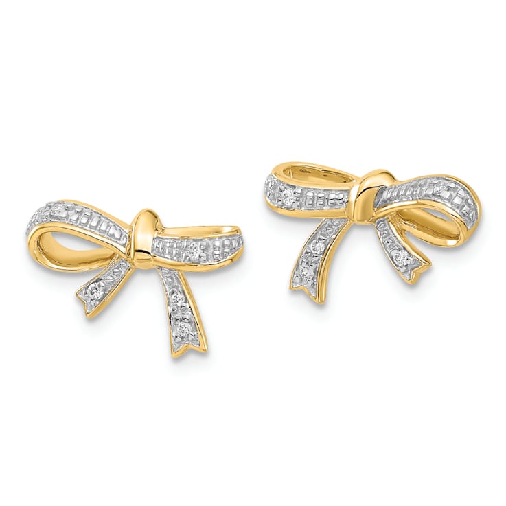 14K Yellow Gold and Rhodium Over 14K Gold Diamond Bow Post Earrings