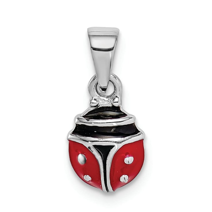 Rhodium Over Sterling Silver Red and Black Enamel Ladybug Children's Pendant