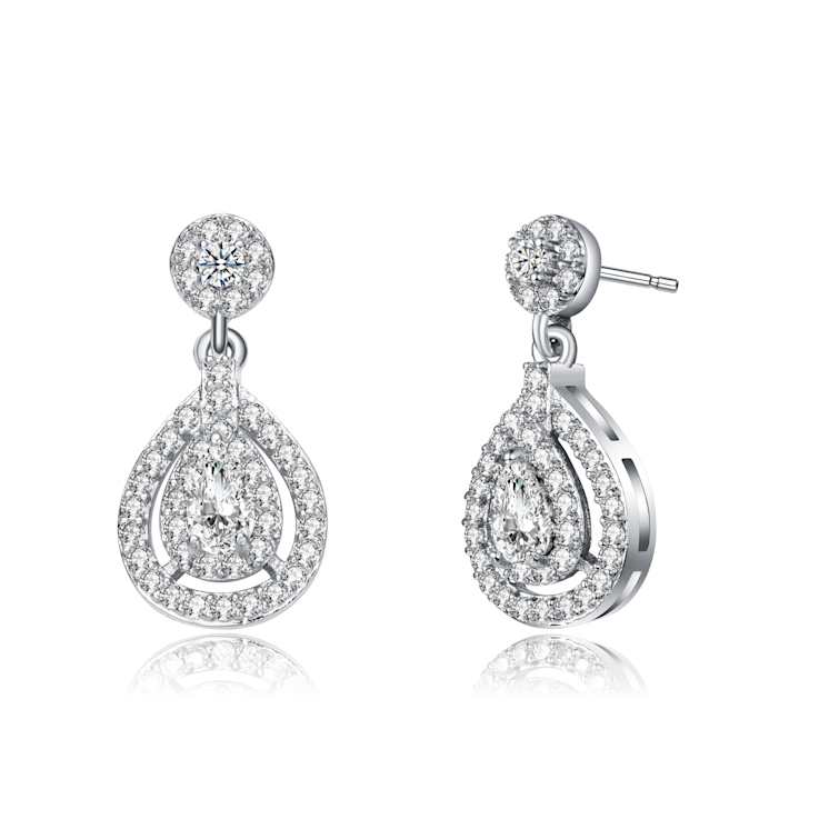 Pear Shape CZ Halo Drop Earrings In White Rhodium Over Brass