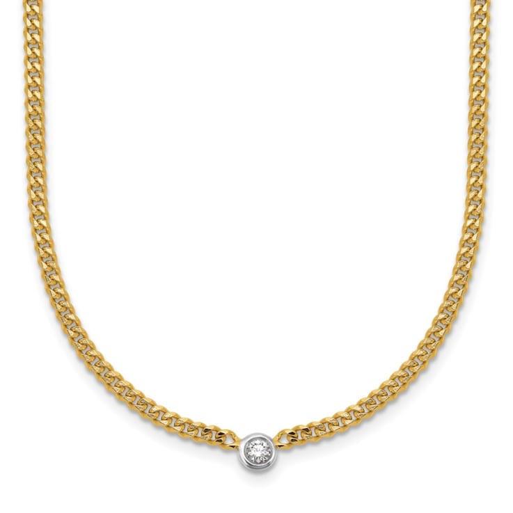 14K Yellow Gold with White Rhodium Diamond Curb 18 Inch Necklace