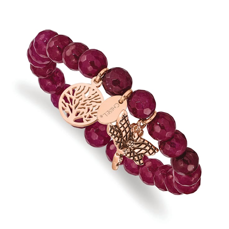 Rose Stainless Steel Antiqued and Polished Dragonfly Pink Dyed Jade Bracelet