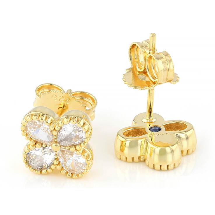 CZ Clover Stud Earrings In 18K Gold Over Sterling Silver