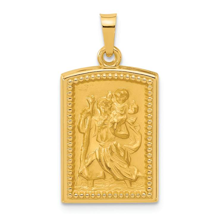 14k Yellow Gold Satin and Textured Rectangular Saint Christopher Medal Pendant