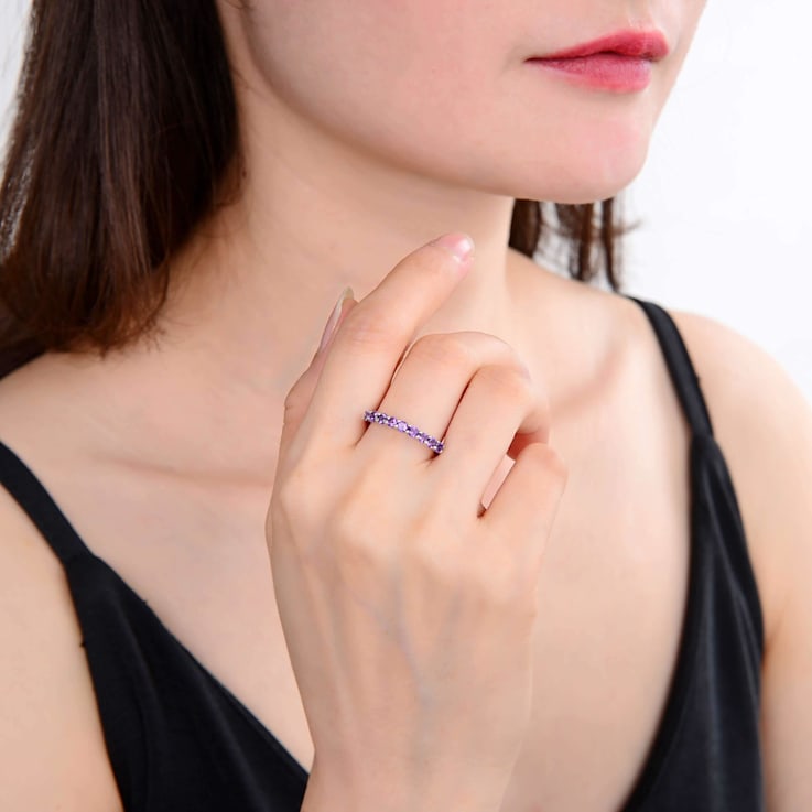 Round Amethyst Sterling Silver Anniversary Style Stackable Band Ring, 0.60ctw
