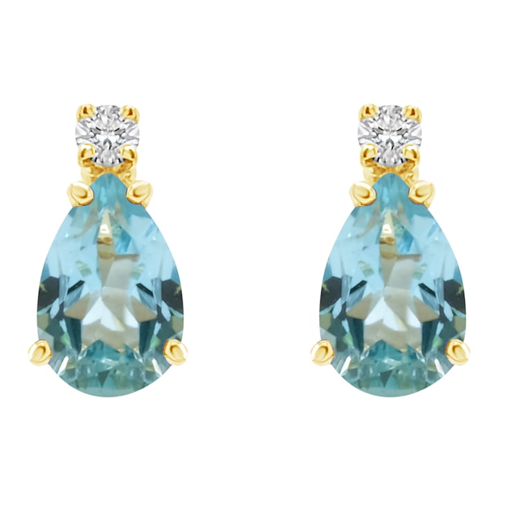 6x4mm Pear Shape Aquamarine with Diamond Accents 14k Yellow Gold Stud Earrings