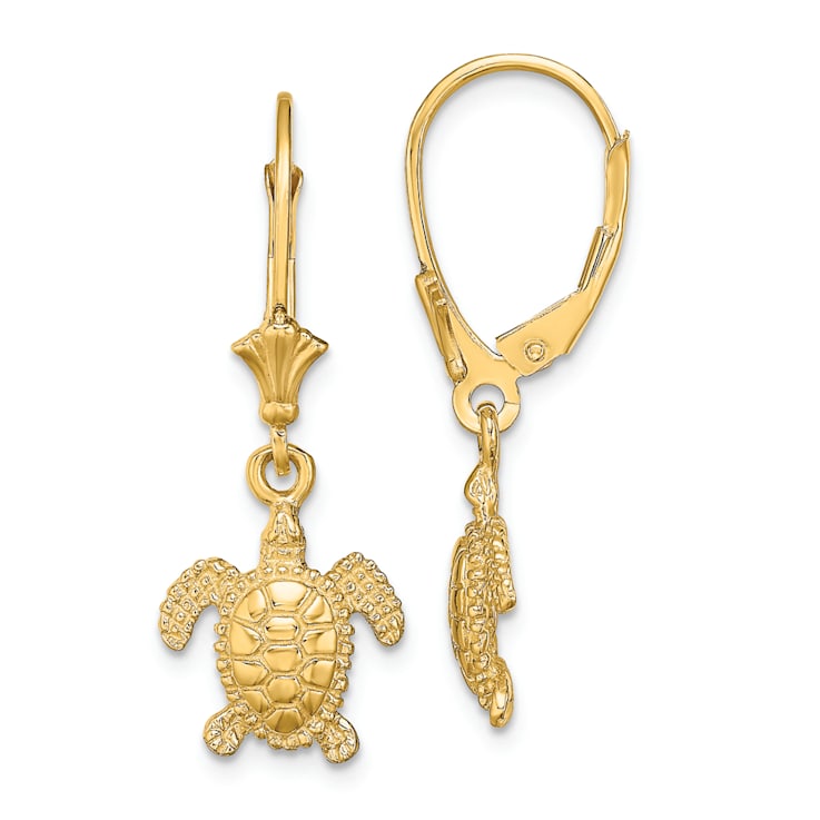 14k Yellow Gold 3D Polished and Textured Mini Sea Turtle Dangle Earrings